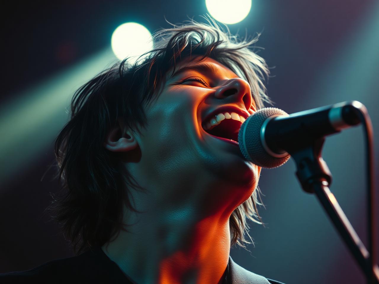 Singer mid-performance under stage lights