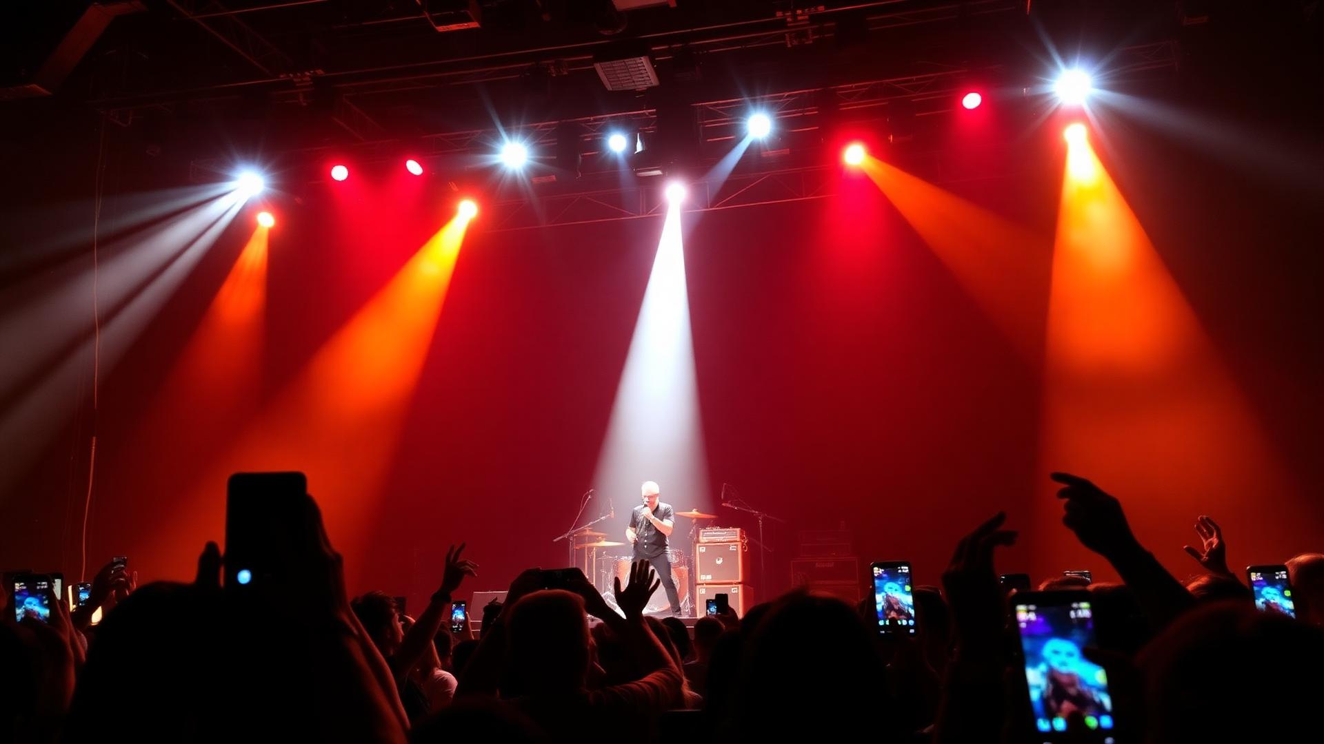 Concert crowd holding phones as a band performs