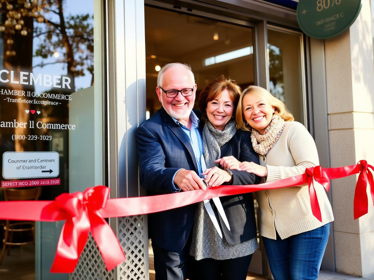 Ribbon cutting with smiling business owners