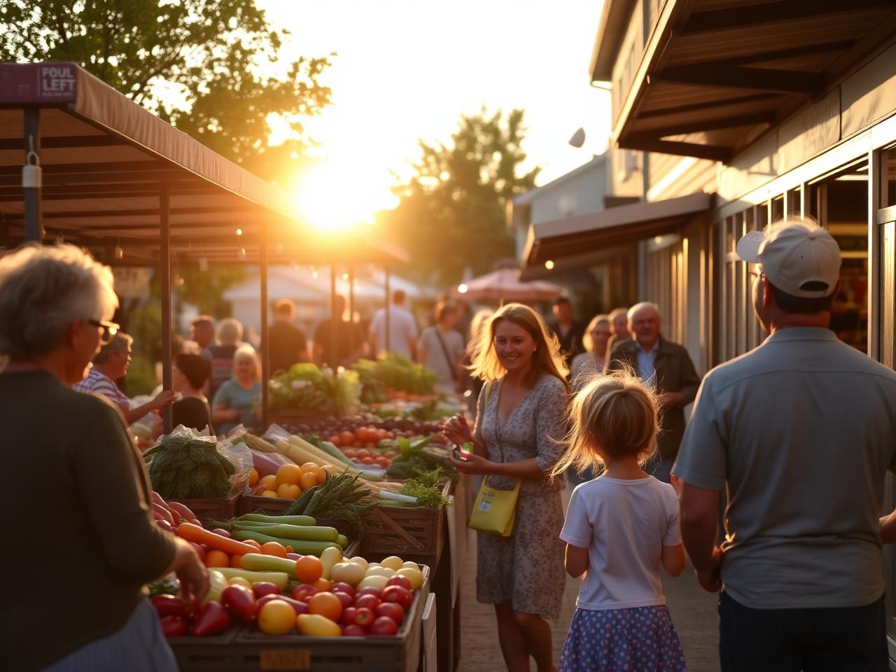 Farmers market at golden hour with families browsing