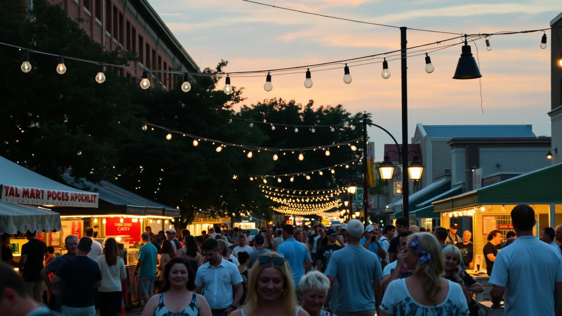 Downtown street festival at dusk with string lights