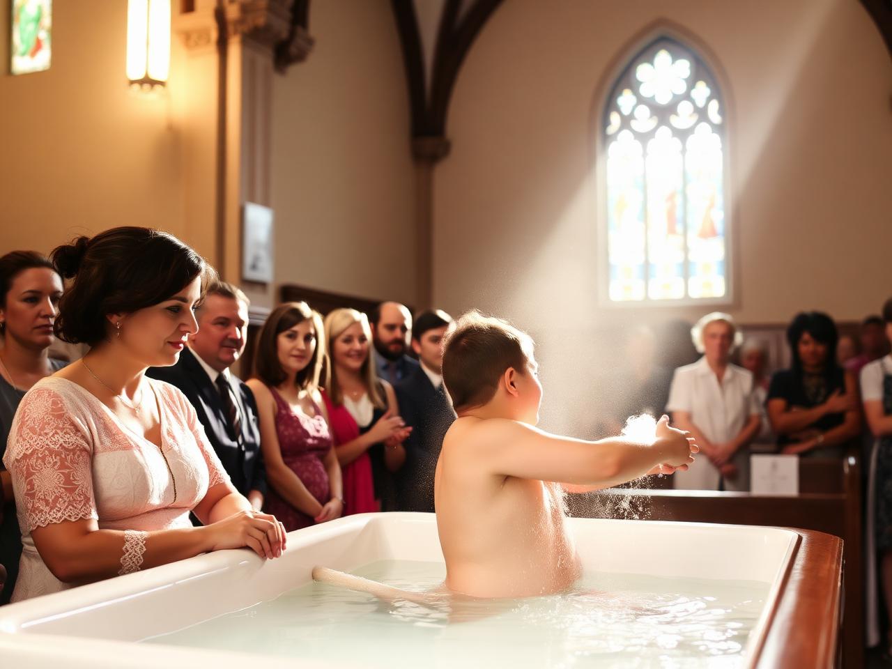 Baptism moment in church with congregation watching