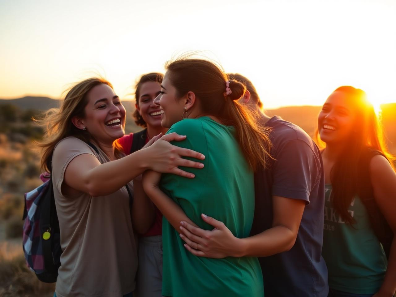 Youth group on a mission trip laughing at sunset
