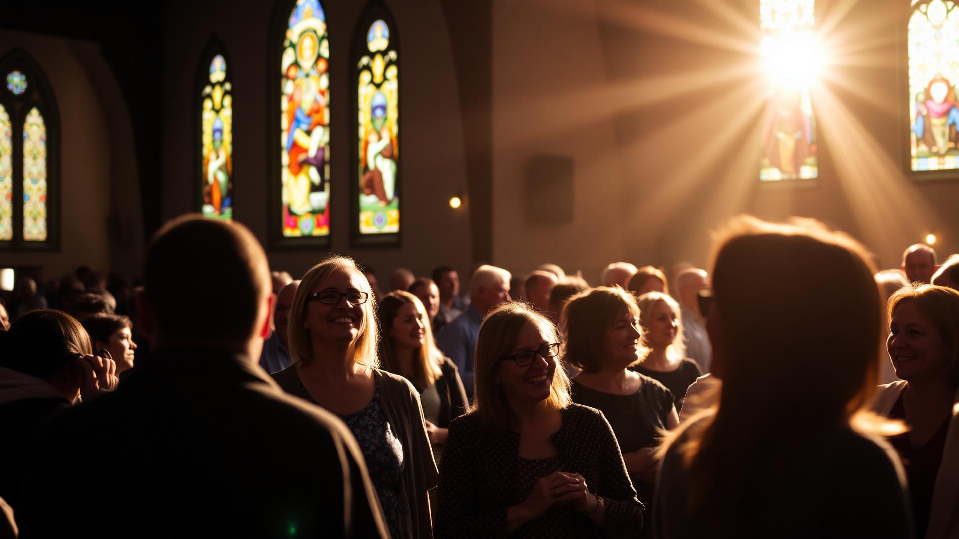 Church congregation in fellowship with sunlight through stained glass