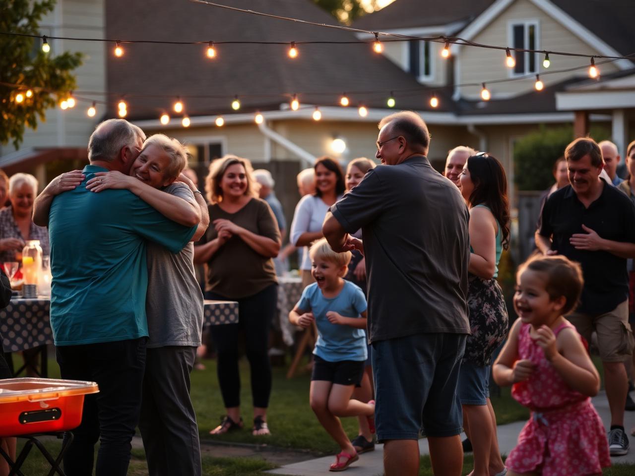 Neighbors hugging at a block party with string lights