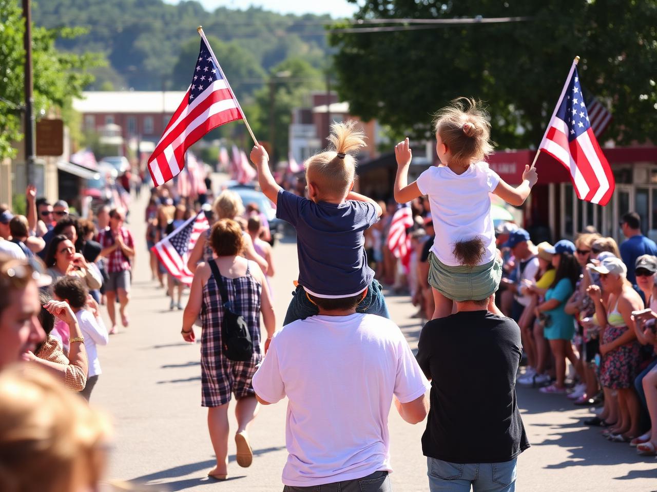 Small town parade with kids on shoulders waving flags