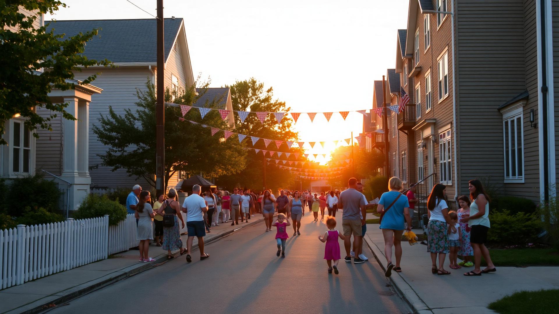 Neighborhood block party at golden hour