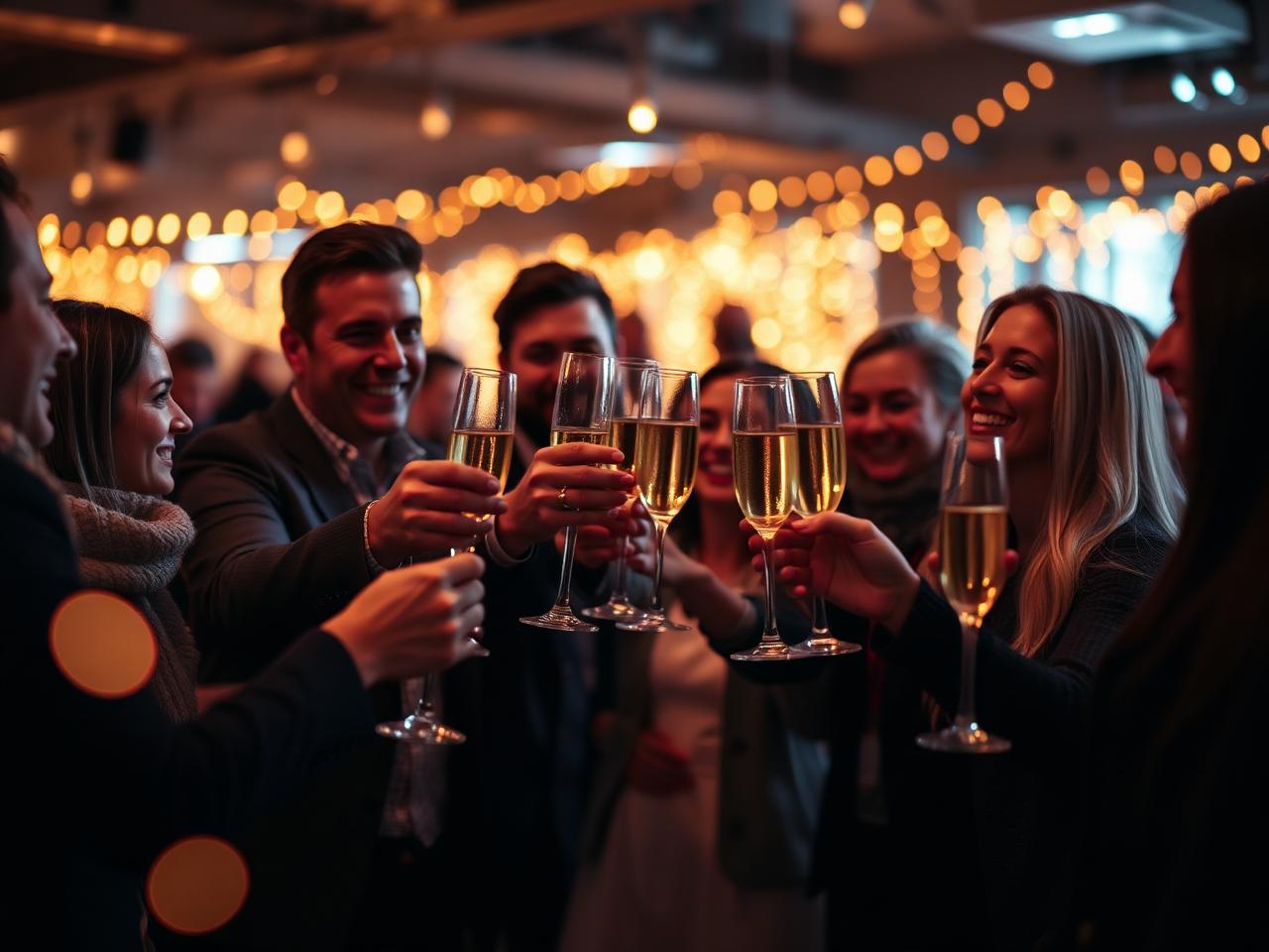 Colleagues toasting champagne at company holiday party