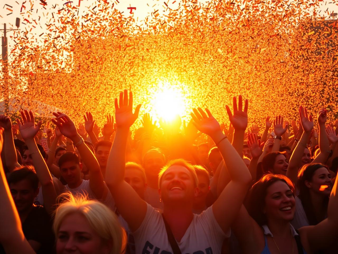 Confetti and hands raised at golden hour festival