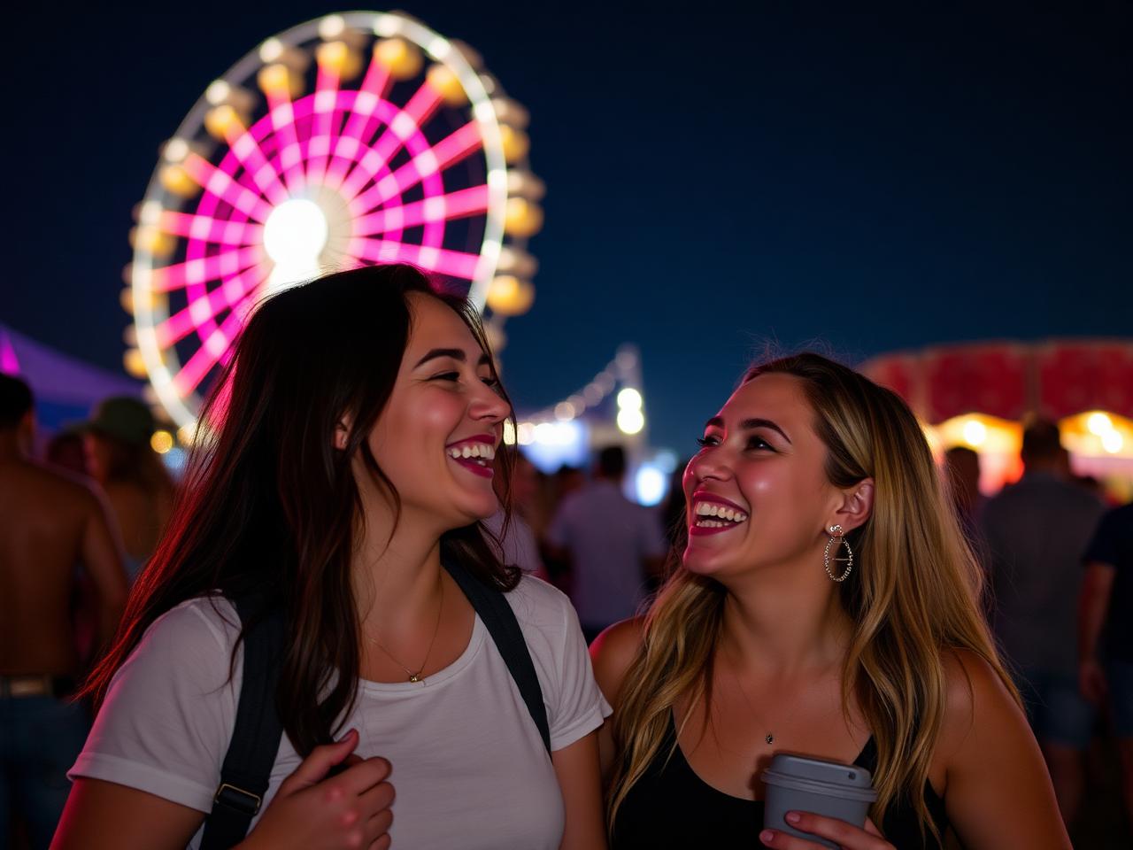 Friends laughing at a festival with ferris wheel behind