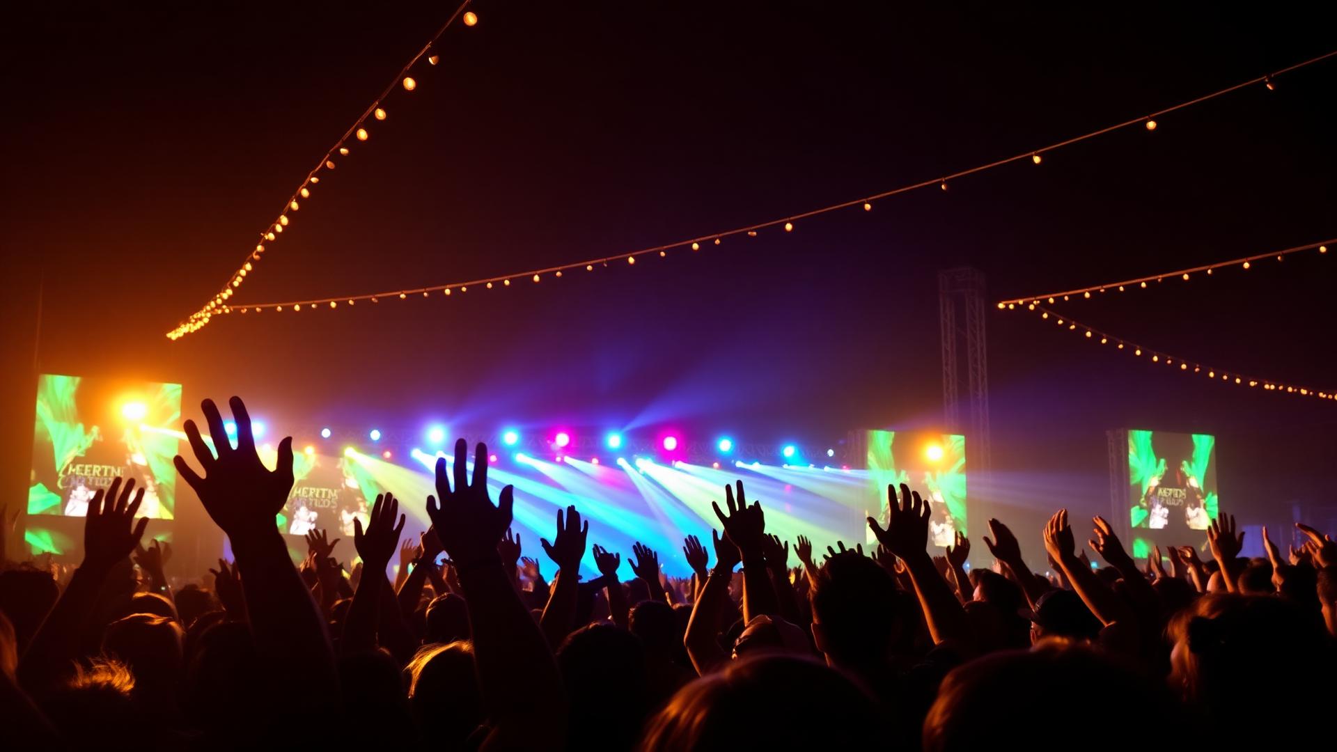Festival crowd at night with stage lights
