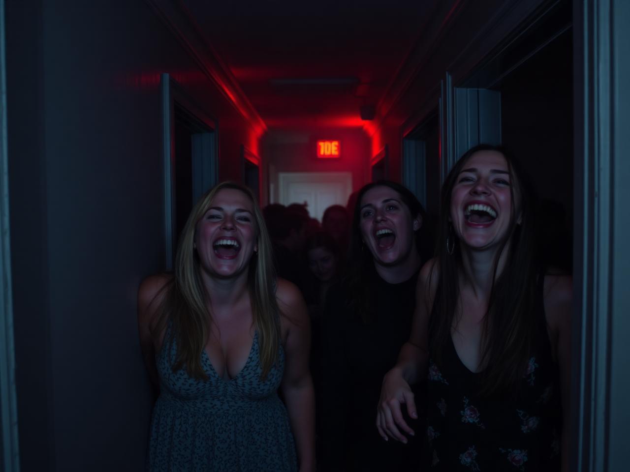 Guests laughing and screaming in a haunted corridor
