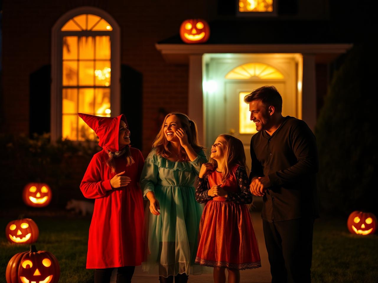 Family in costumes outside a glowing home haunt
