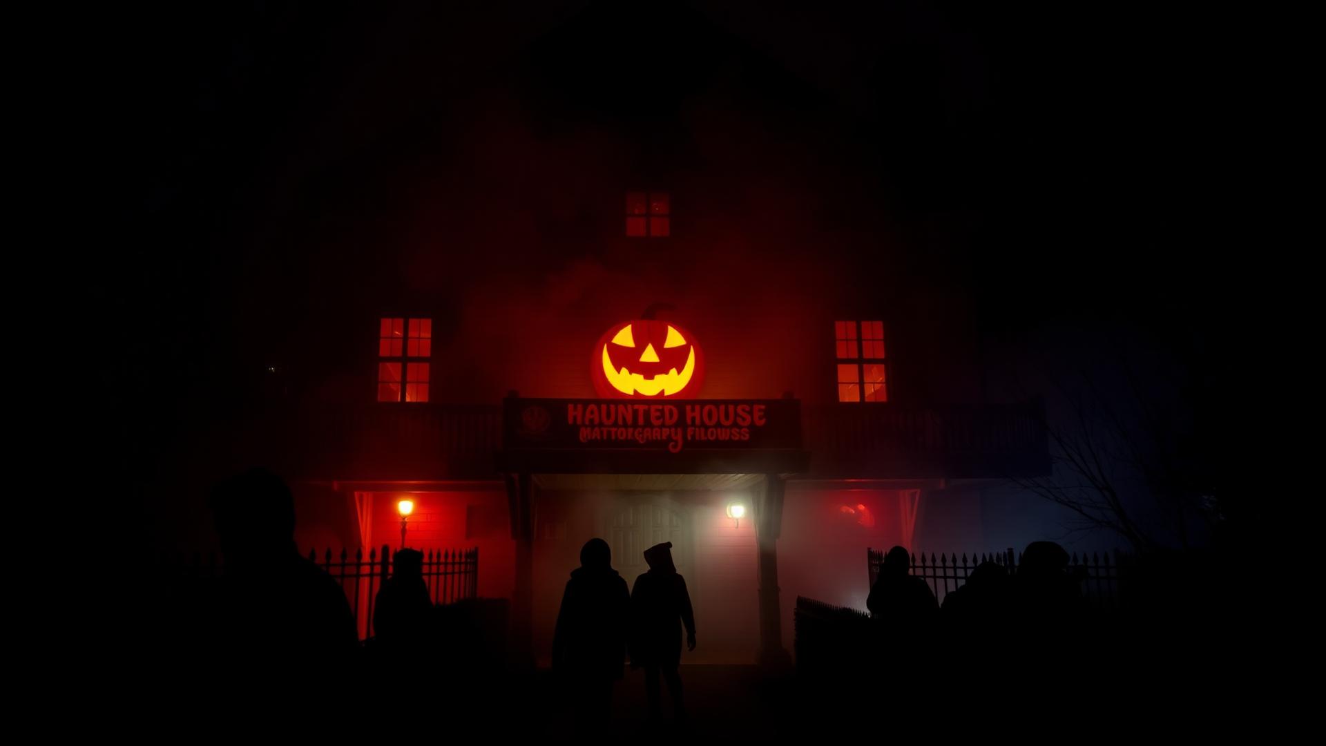 Haunted house glowing at night with fog and a jack-o-lantern
